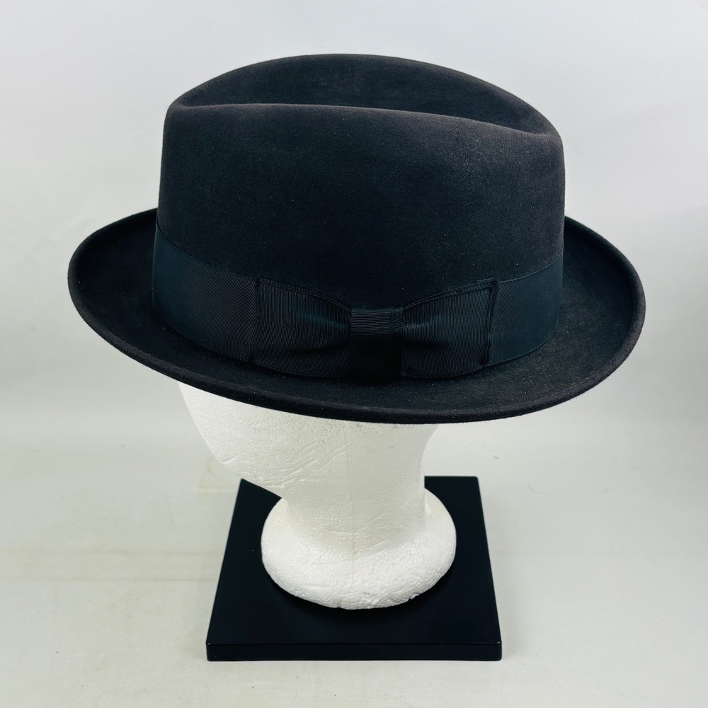 Vintage Mens Sterling Hats Black Felt Fedora Hat Grosgrain Ribbon Bow No Size - Picture 2 of 12
